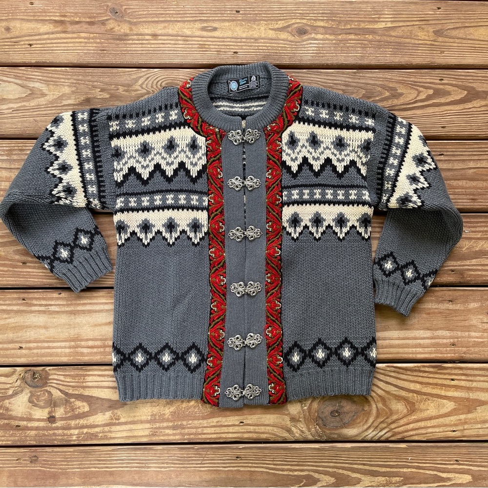 Vintage Nordic Norwegian Wool Cardigan Silver Clasps Gray Fair Isle Sweater